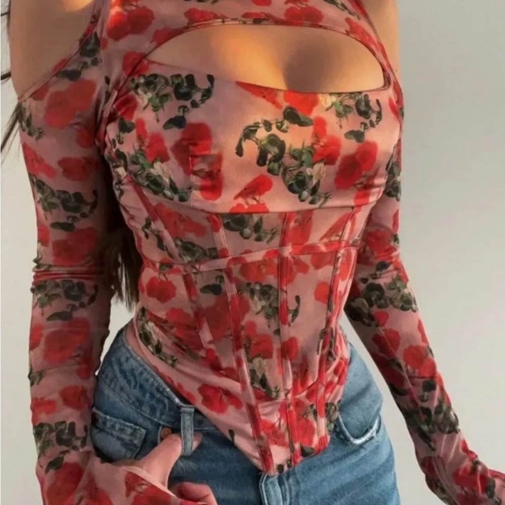 Rare HOUSE OF CB Malina Corset Top Watercolor Floral Rose Print Boning Cutouts L